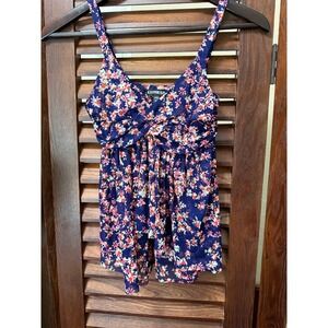 Express Floral Babydoll Tank Top Navy Blue Mesh Sweetheart Neckline Womens XS